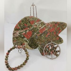 Unakite Natural Gemstone Bracelet, Pendant And Slab With Stand NEW